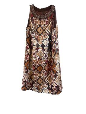 J Howard Linen Rayon Dress Size 16W Brown Tribal Print Lined Maxi Beaded Collar